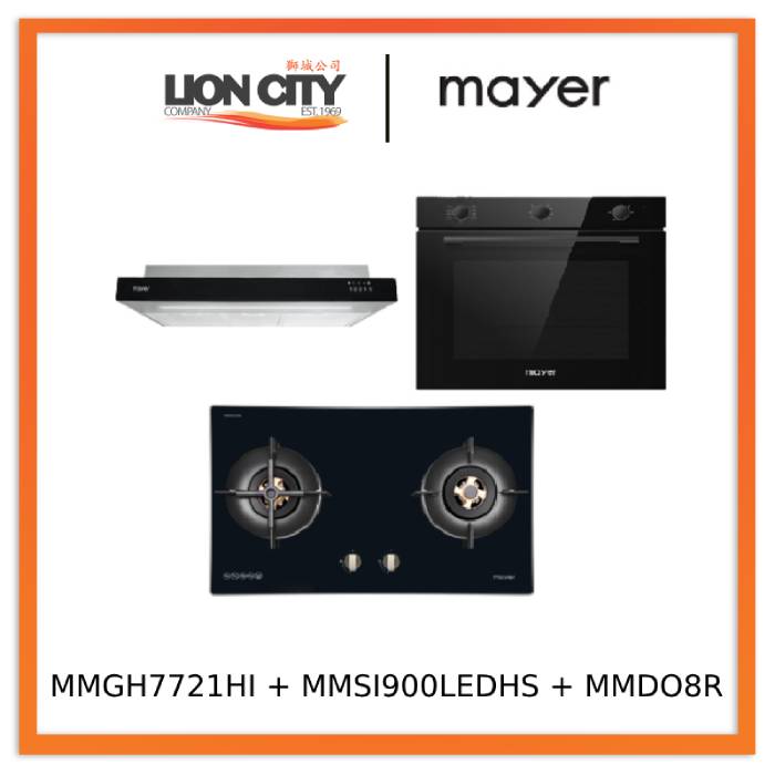 Mayer MMGH7721HI 76cm 2 Burner Glass Gas Hob + MMSI900LEDHS 90cm Semi-integrated Slimline Hood + MMDO8R 60 cm Built-in Oven with Smoke Ventilation