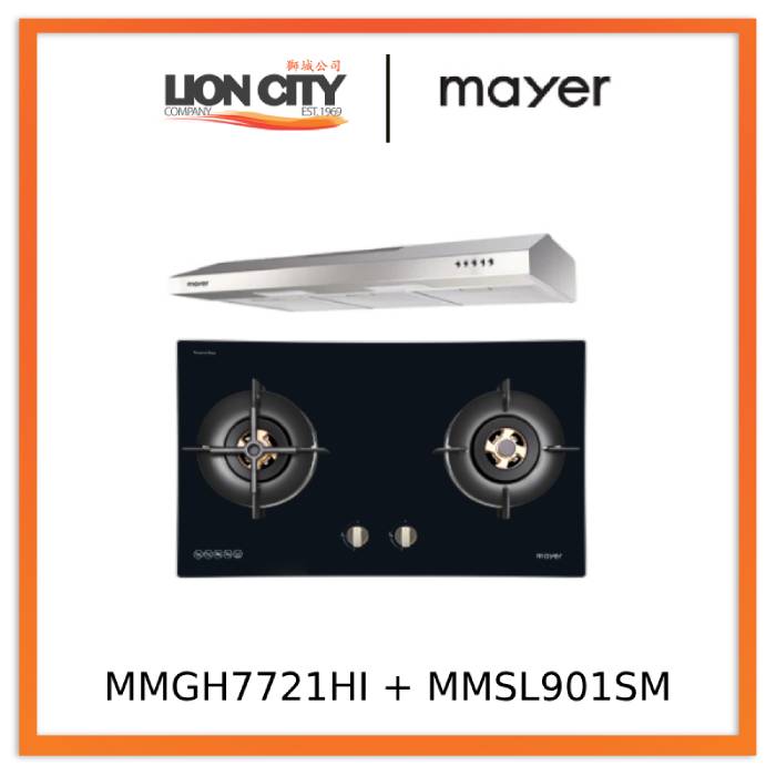 Mayer MMGH7721HI 76cm 2 Burner Glass Gas Hob + MMSL901SM 90 Cm Slimline Hood