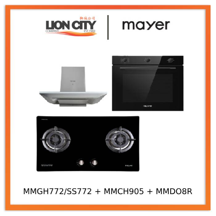 Mayer MMGH772/SS772 Built-In Gas Hob + MMCH905 90cm Chimney Hood + MMDO8R 60 cm Built-in Oven with Smoke Ventilation