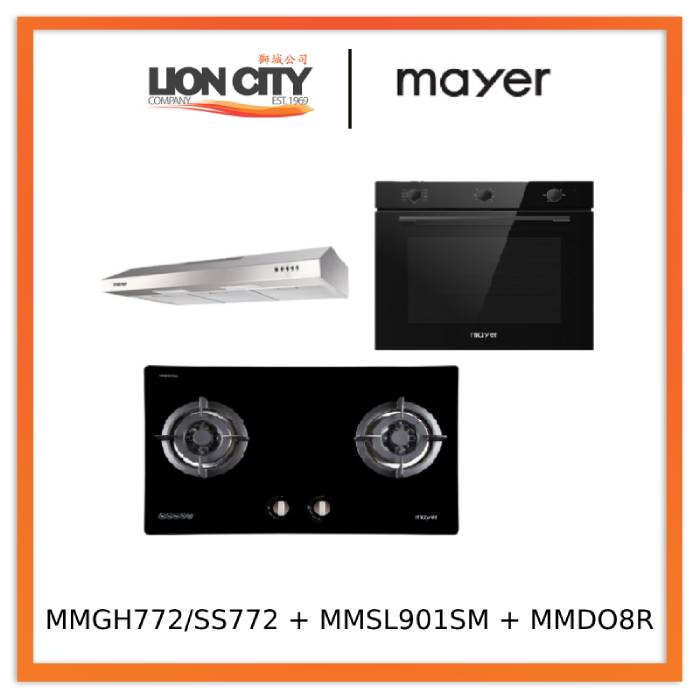 Mayer MMGH772/SS772 Built-In Gas Hob +  MMSL901SM 90 cm Slimline Hood + MMDO8R 60 cm Built-in Oven with Smoke Ventilation