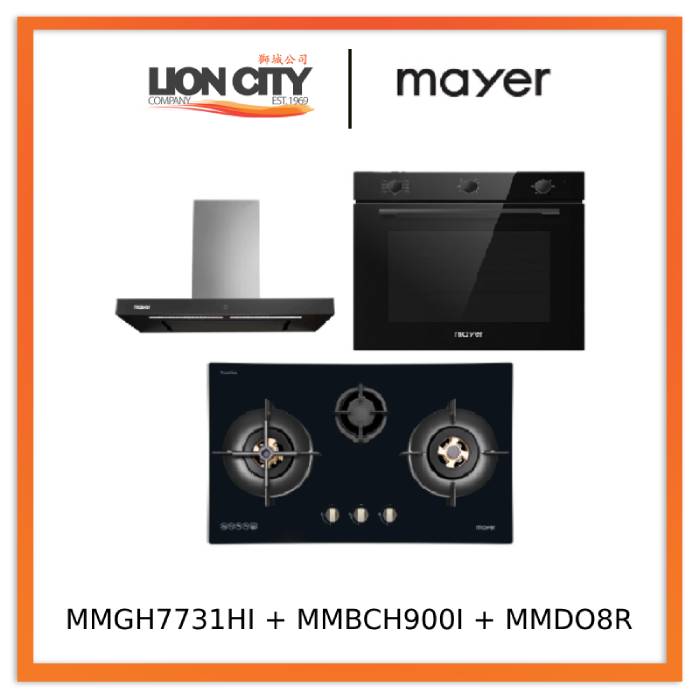 Mayer MMGH7731HI 76cm 3 Burner Glass Gas Hob + MMBCH900I Chimney Hood + MMDO8R 60 cm Built-in Oven with Smoke Ventilation