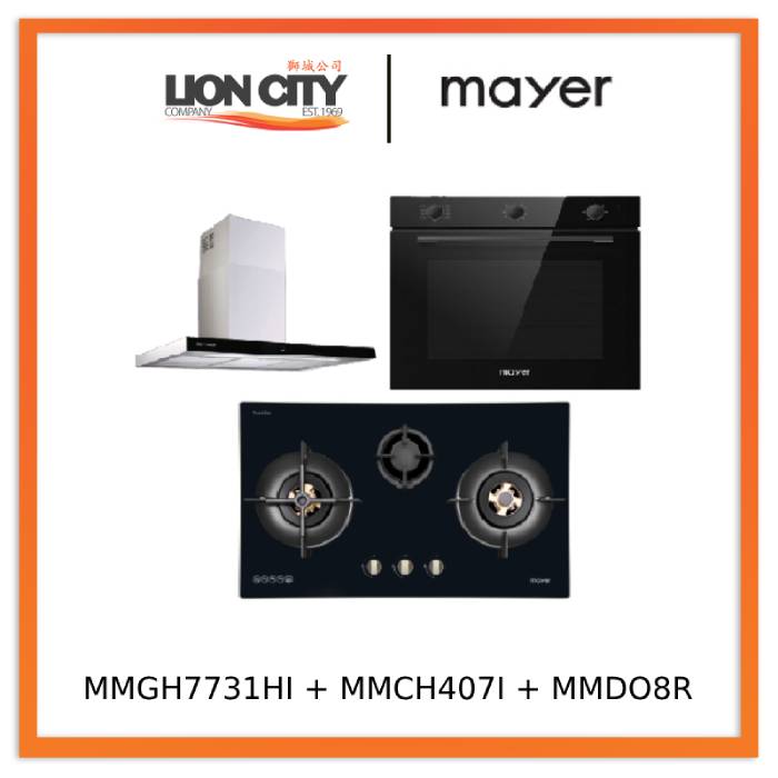 Mayer MMGH7731HI 76cm 3 Burner Glass Gas Hob + MMCH407I 90cm Chimney Hood + MMDO8R 60 cm Built-in Oven with Smoke Ventilation