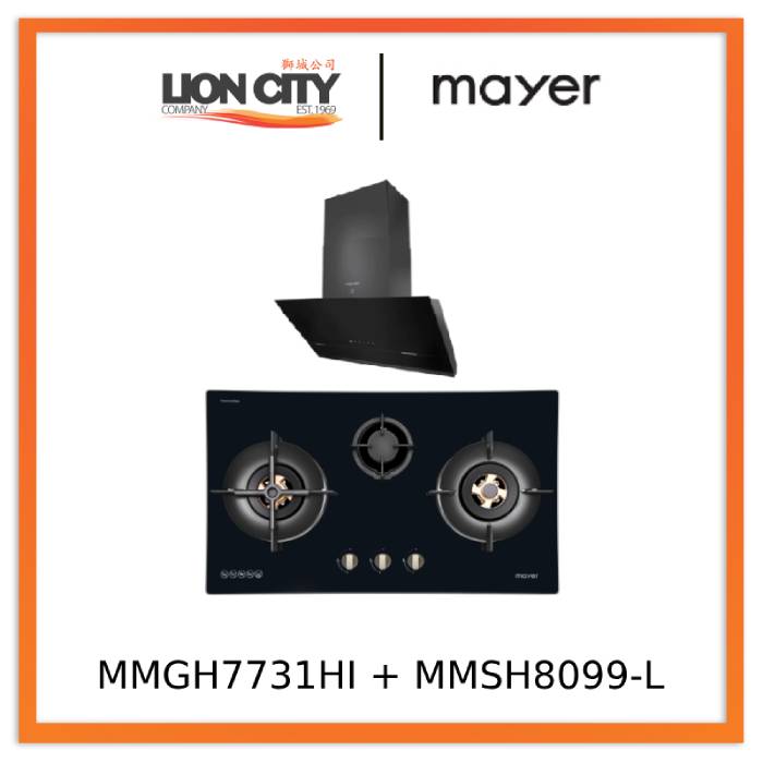 Mayer MMGH7731HI 76cm 3 Burner Glass Gas Hob + MMSH8099-L Angled Chimney Hood