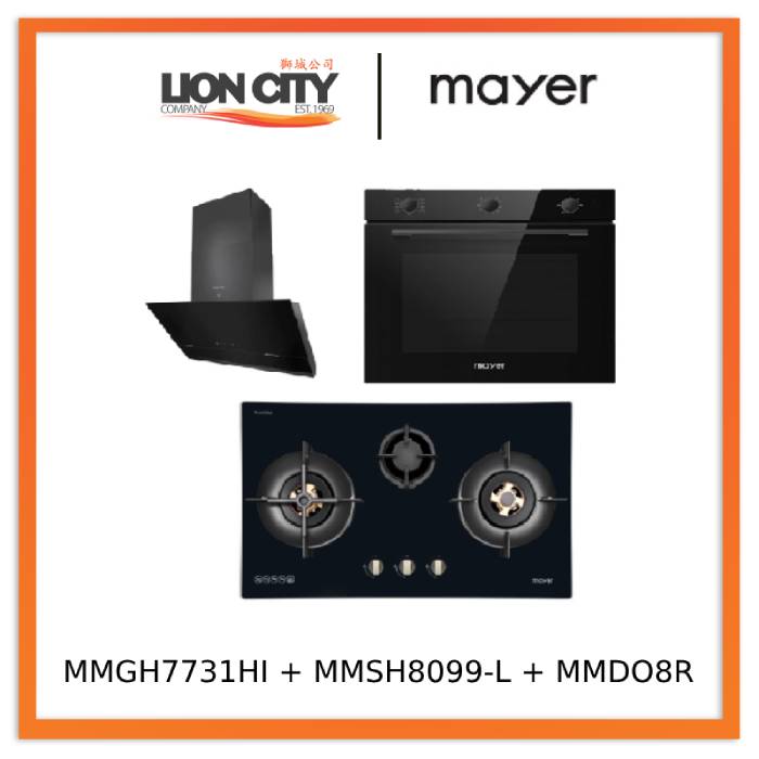 Mayer MMGH7731HI 76cm 3 Burner Glass Gas Hob + MMSH8099-L Angled Chimney Hood + MMDO8R 60 cm Built-in Oven with Smoke Ventilation
