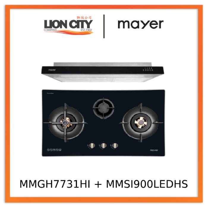 Mayer MMGH7731HI 76cm 3 Burner Glass Gas Hob + MMSI900LEDHS 90cm Semi-integrated Slimline Hood