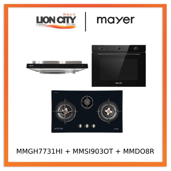 Mayer MMGH7731HI 76cm 3 Burner Glass Gas Hob + MMSI903OT Cm Semi-integrated Hood With Oil Tray + MMDO8R 60 cm Built-in Oven with Smoke Ventilation