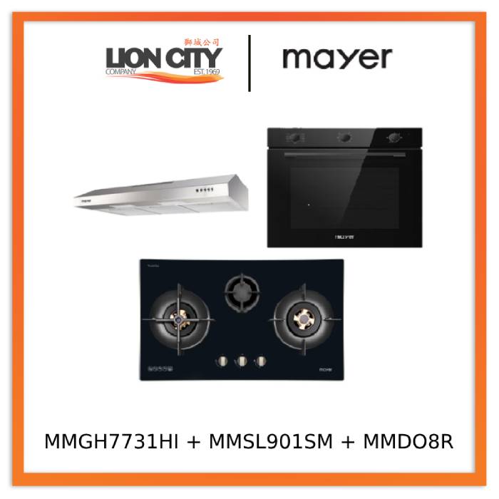 Mayer MMGH7731HI 76cm 3 Burner Glass Gas Hob + MMSL901SM 90 Cm Slimline Hood + MMDO8R 60 cm Built-in Oven with Smoke Ventilation