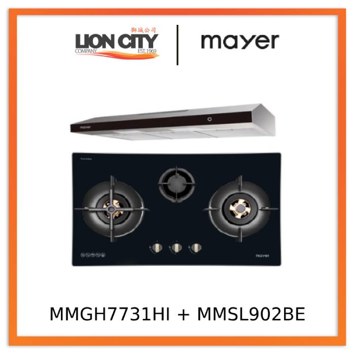 Mayer MMGH7731HI 76cm 3 Burner Glass Gas Hob + MMSL902BE  90cm Slimline Hood