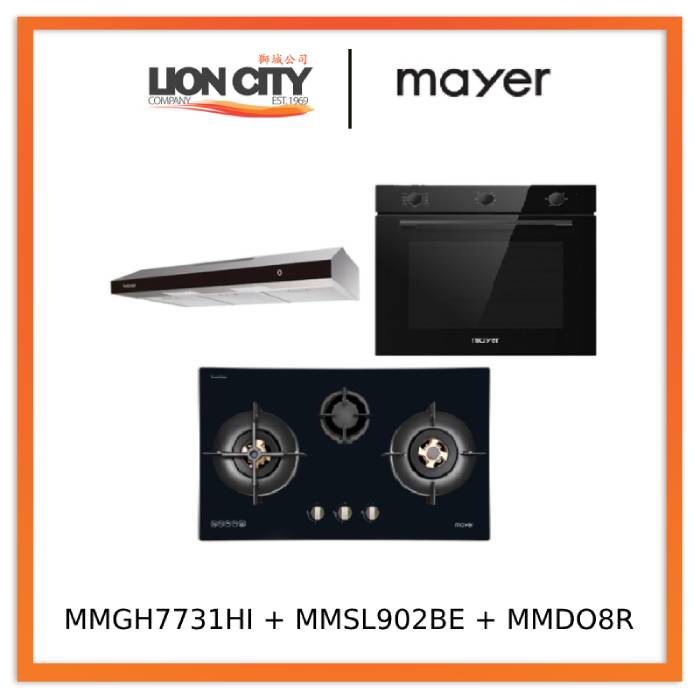 Mayer MMGH7731HI 76cm 3 Burner Glass Gas Hob + MMSL902BE  90cm Slimline Hood + MMDO8R 60 cm Built-in Oven with Smoke Ventilation