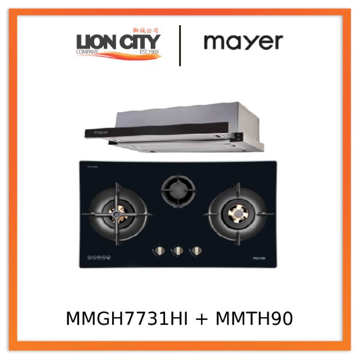 Mayer MMGH7731HI 76cm 3 Burner Glass Gas Hob + MMTH90 Telescopic Hood