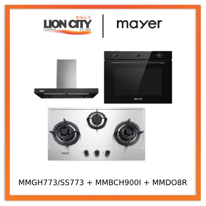 Mayer MMGH772/SS772 Built-In Gas Hob + MMBCH900I Chimney Hood + MMDO8R 60 cm Built-in Oven with Smoke Ventilation