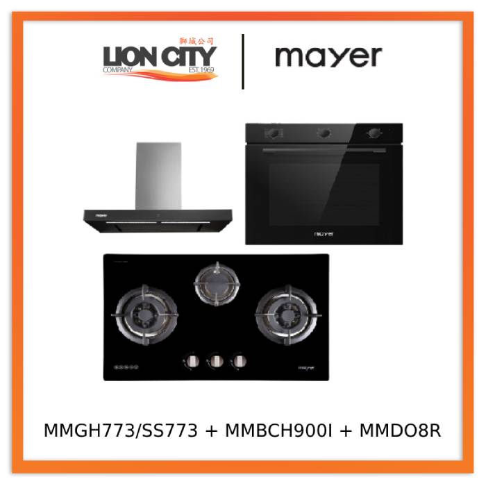 Mayer MMGH772/SS772 Built-In Gas Hob + MMBCH900I Chimney Hood + MMDO8R 60 cm Built-in Oven with Smoke Ventilation