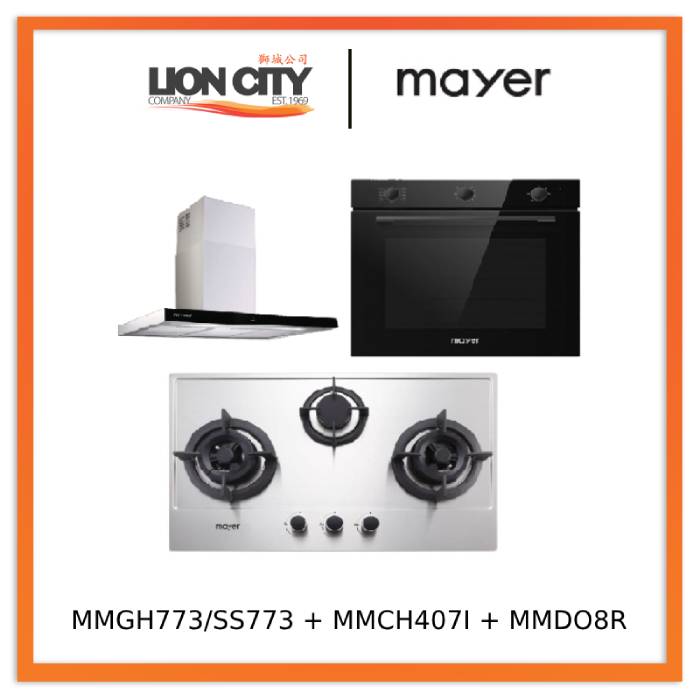 Mayer MMGH773/SS773 Built-In Gas Hob 3 Burners + MMCH407I 90cm Chimney Hood + MMDO8R 60 cm Built-in Oven with Smoke Ventilation