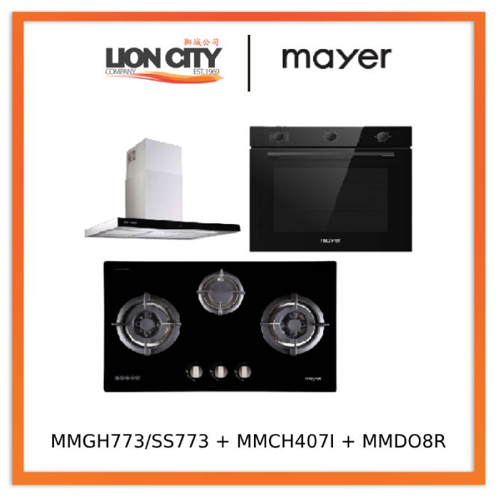 Mayer MMGH773/SS773 Built-In Gas Hob 3 Burners + MMCH407I 90cm Chimney Hood + MMDO8R 60 cm Built-in Oven with Smoke Ventilation