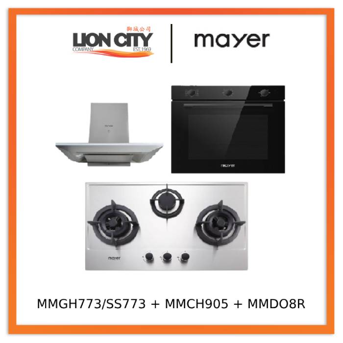 Mayer MMGH773/SS773 Built-In Gas Hob 3 Burners + MMCH905 90cm Chimney Hood + MMDO8R 60 cm Built-in Oven with Smoke Ventilation