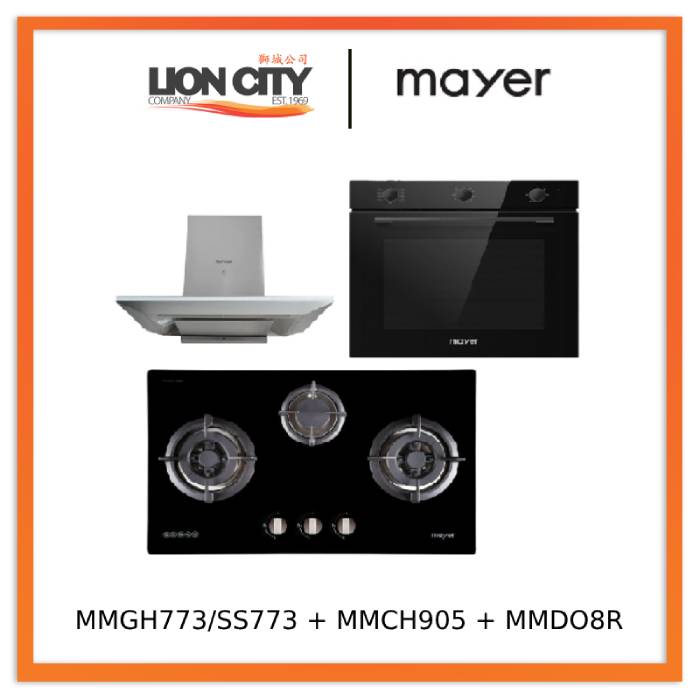 Mayer MMGH773/SS773 Built-In Gas Hob 3 Burners + MMCH905 90cm Chimney Hood + MMDO8R 60 cm Built-in Oven with Smoke Ventilation