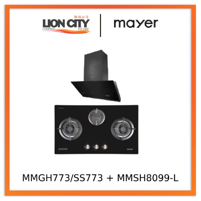 Mayer MMGH773/SS773 Built-In Gas Hob 3 Burners + MMSH8099-L Angled Chimney Hood