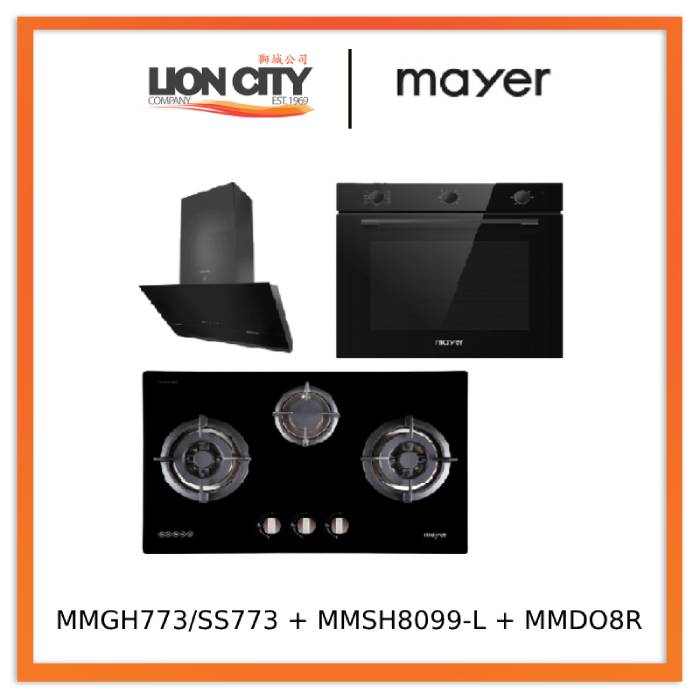Mayer MMGH773/SS773 Built-In Gas Hob 3 Burners + MMSH8099-L Angled Chimney Hood + MMDO8R 60 cm Built-in Oven with Smoke Ventilation