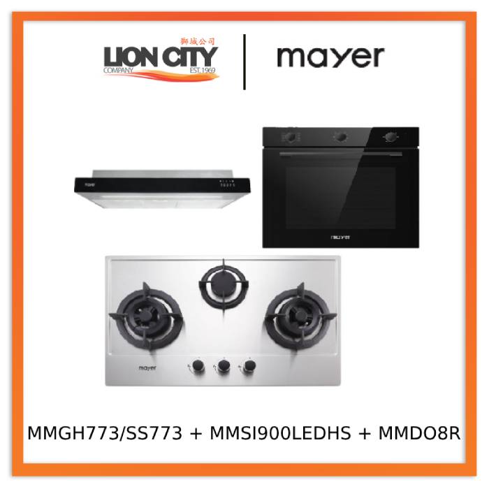 Mayer MMGH773/SS773 Built-In Gas Hob 3 Burners + MMSI900LEDHS 90cm Semi-integrated Slimline Hood + MMDO8R 60 cm Built-in Oven with Smoke Ventilation