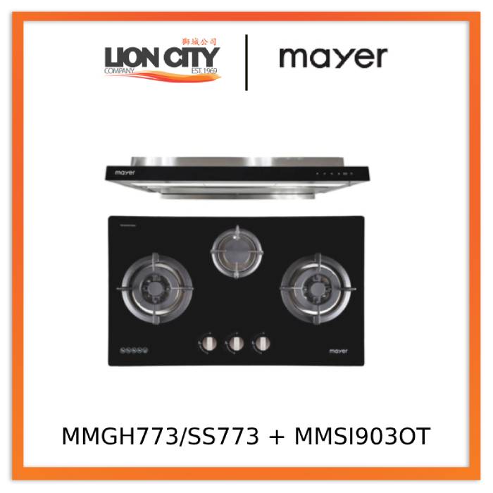 Mayer MMGH773/SS773 Built-In Gas Hob 3 Burners + MMSI903OT Cm Semi-integrated Hood With Oil Tray