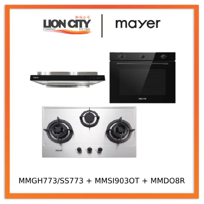 Mayer MMGH773/SS773 Built-In Gas Hob 3 Burners + MMSI903OT Cm Semi-integrated Hood With Oil Tray + MMDO8R 60 cm Built-in Oven with Smoke Ventilation