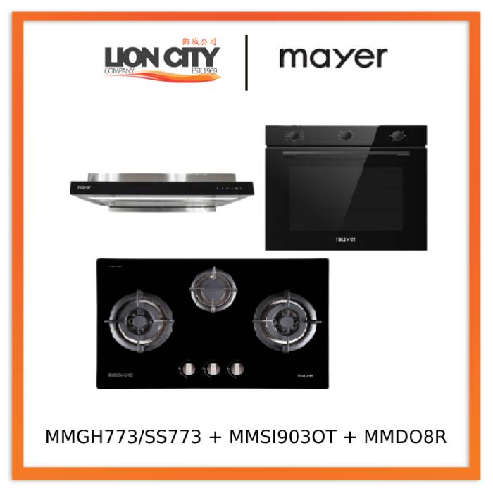 Mayer MMGH773/SS773 Built-In Gas Hob 3 Burners + MMSI903OT Cm Semi-integrated Hood With Oil Tray + MMDO8R 60 cm Built-in Oven with Smoke Ventilation