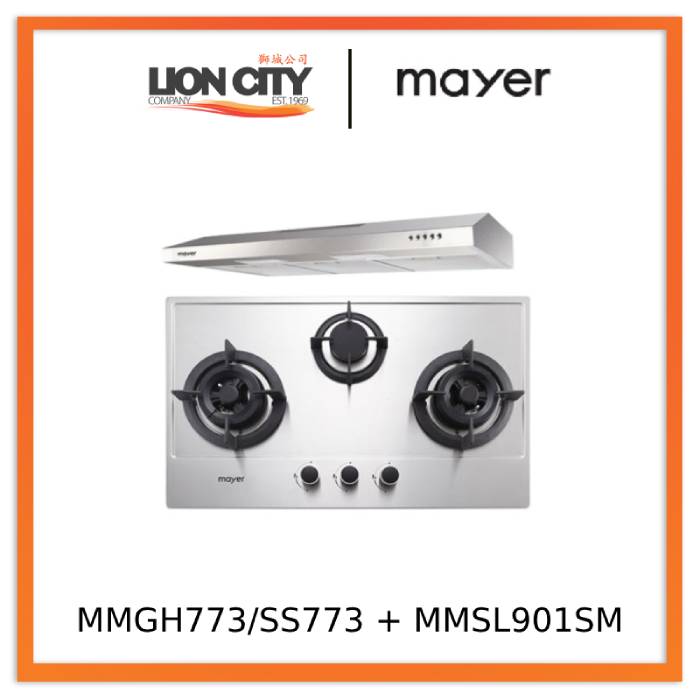 Mayer MMGH773/SS773 Built-In Gas Hob 3 Burners + MMSL901SM 90 Cm Slimline Hood
