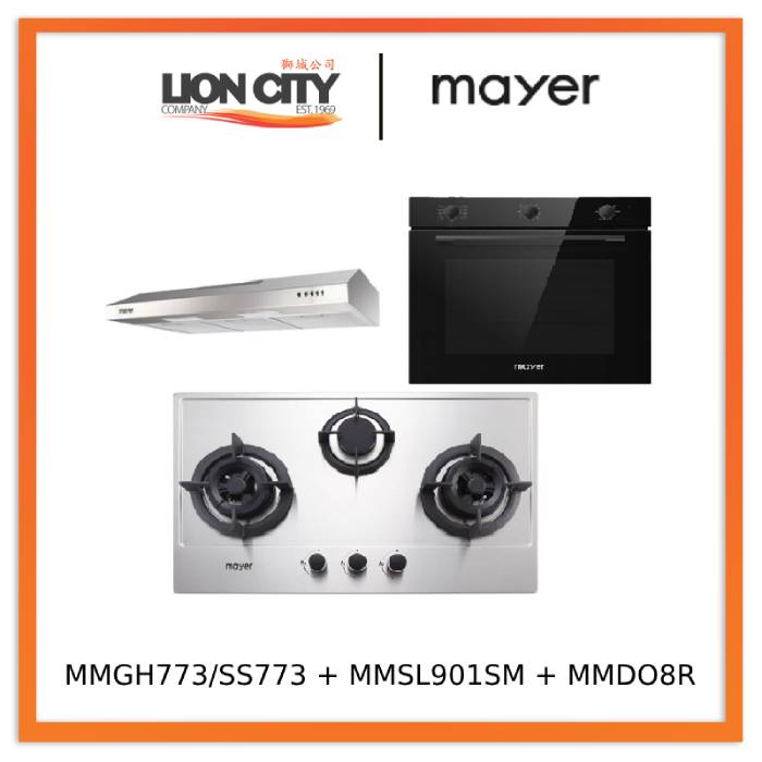Mayer MMGH773/SS773 Built-In Gas Hob 3 Burners + MMSL901SM 90 Cm Slimline Hood + MMDO8R 60 cm Built-in Oven with Smoke Ventilation