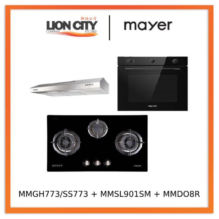 Mayer MMGH773/SS773 Built-In Gas Hob 3 Burners + MMSL901SM 90 Cm Slimline Hood + MMDO8R 60 cm Built-in Oven with Smoke Ventilation