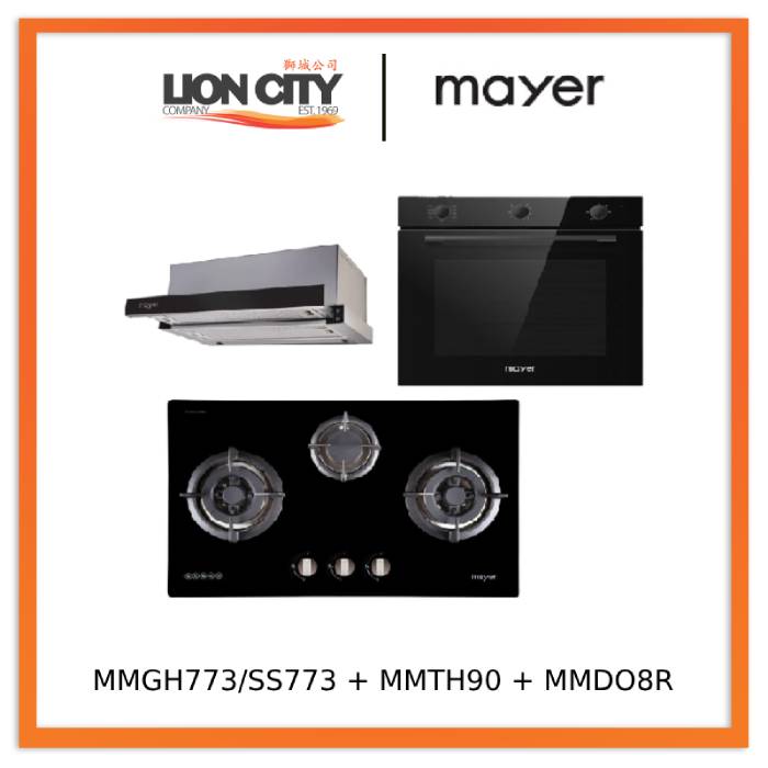 Mayer MMGH773/SS773 Built-In Gas Hob 3 Burners + MMTH90 Telescopic Hood (90CM) + MMDO8R 60 cm Built-in Oven with Smoke Ventilation