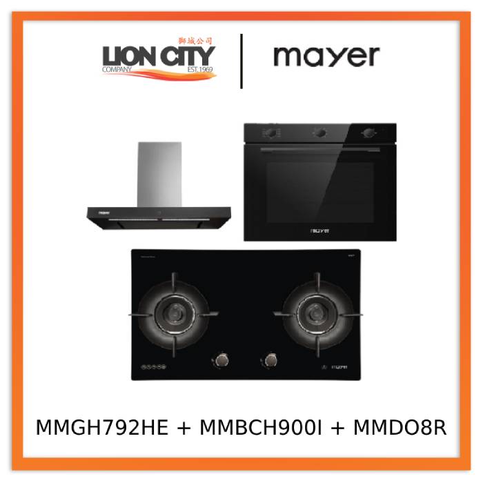 Mayer MMGH792HE 76cm 2 Burner Glass Gas Hob + MMBCH900I Chimney Hood + MMDO8R 60 cm Built-in Oven with Smoke Ventilation