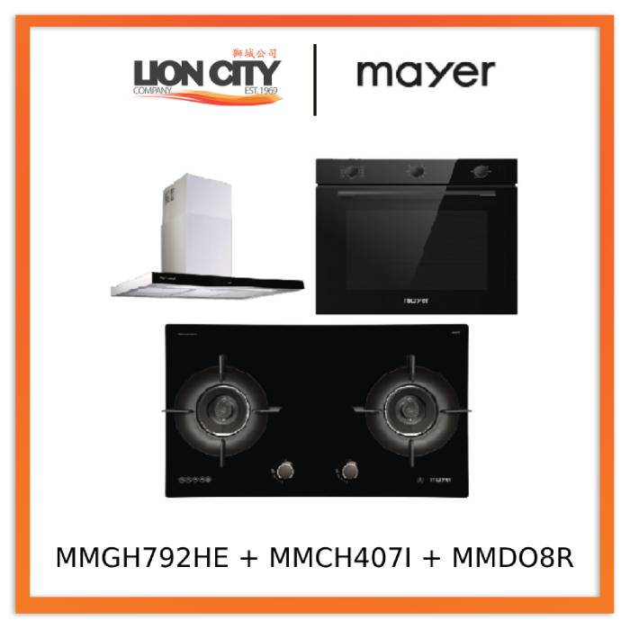 Mayer MMGH792HE 76cm 2 Burner Glass Gas Hob + MMCH407I 90cm Chimney Hood + MMDO8R 60 cm Built-in Oven with Smoke Ventilation