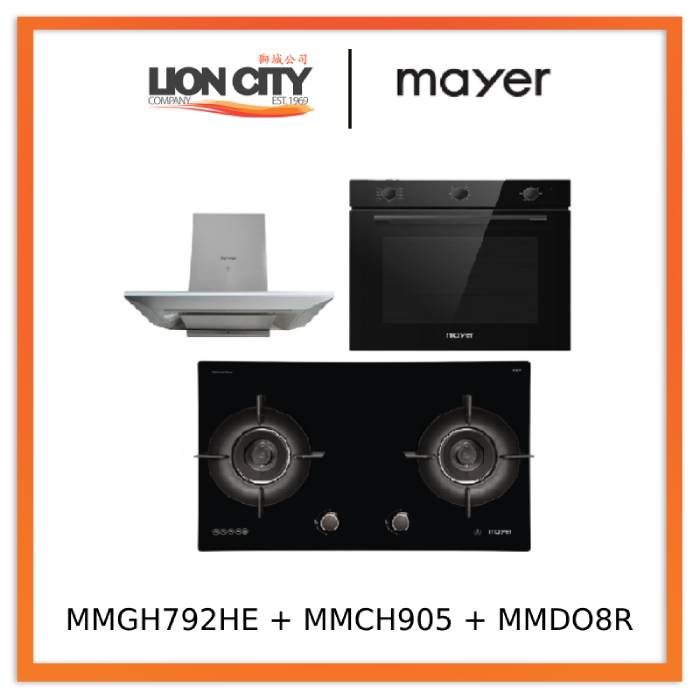 Mayer MMGH792HE 76cm 2 Burner Glass Gas Hob + MMCH905 90cm Chimney Hood + MMDO8R 60 cm Built-in Oven with Smoke Ventilation