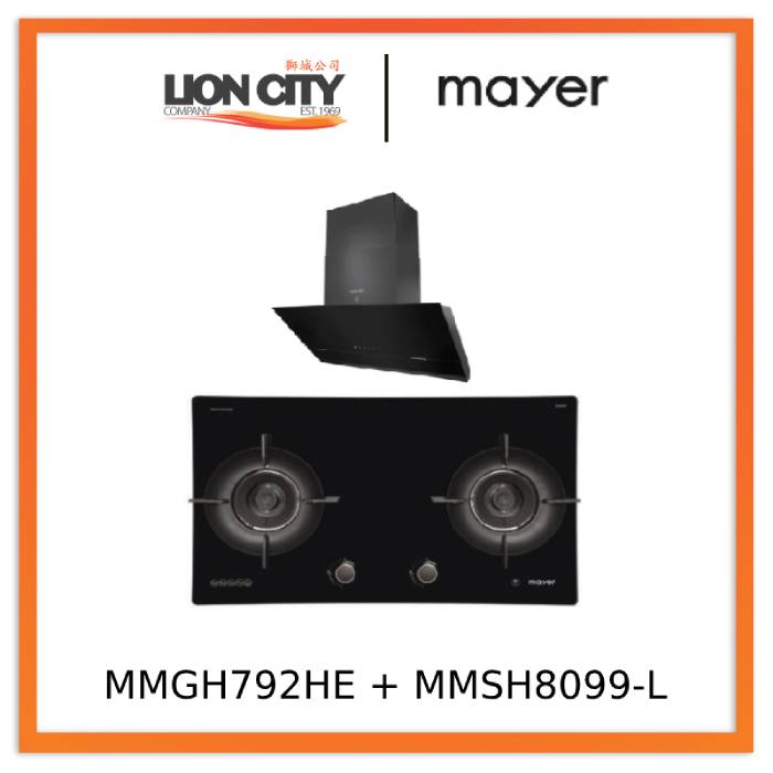 Mayer MMGH792HE 76cm 2 Burner Glass Gas Hob + MMSH8099-L Angled Chimney Hood