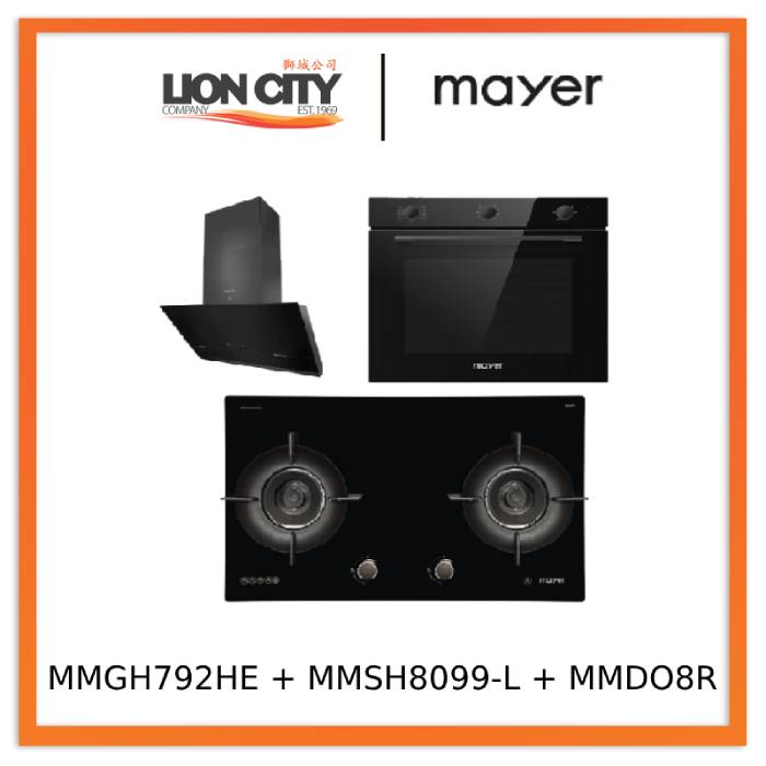 Mayer MMGH792HE 76cm 2 Burner Glass Gas Hob + MMSH8099-L Angled Chimney Hood + MMDO8R 60 cm Built-in Oven with Smoke Ventilation