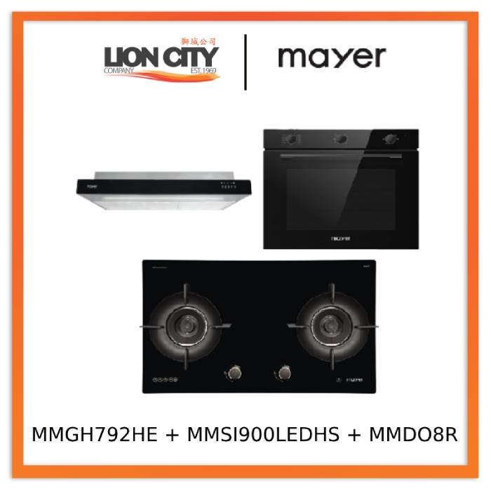 Mayer MMGH792HE 76cm 2 Burner Glass Gas Hob +  MMSI900LEDHS 90cm Semi-integrated Slimline Hood + MMDO8R 60 cm Built-in Oven with Smoke Ventilation