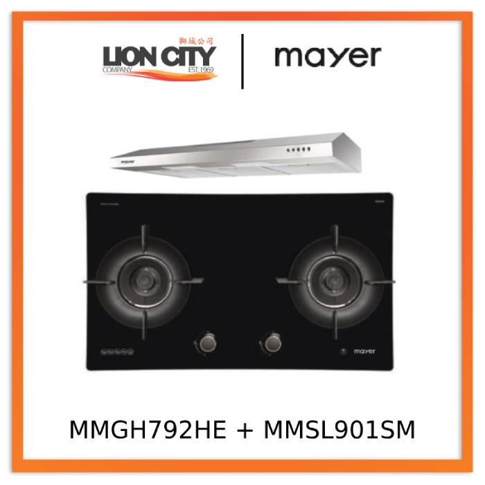 Mayer MMGH792HE 76cm 2 Burner Glass Gas Hob + MMSL901SM 90 Cm Slimline Hood