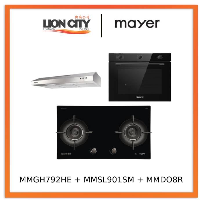Mayer MMGH792HE 76cm 2 Burner Glass Gas Hob + MMSL901SM 90 Cm Slimline Hood + MMDO8R 60 cm Built-in Oven with Smoke Ventilation