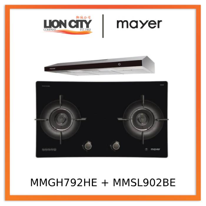 Mayer MMGH792HE 76cm 2 Burner Glass Gas Hob + MMSL902BE  90cm Slimline Hood