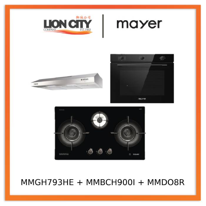 Mayer MMGH793HE 76cm 3 Burner Gas Hob + MMSL901SM 90 Cm Slimline Hood + MMDO8R 60 cm Built-in Oven with Smoke Ventilation