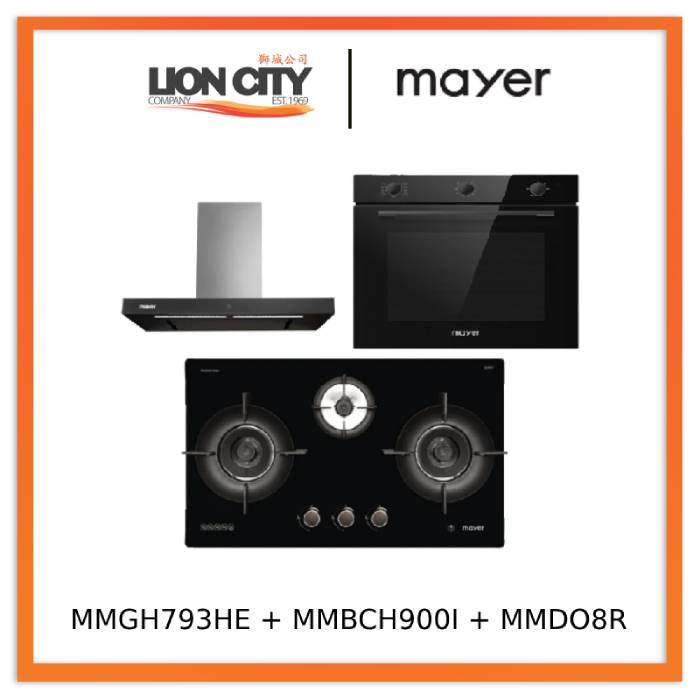 Mayer MMGH793HE 76cm 3 Burner Gas Hob + MMBCH900I Chimney Hood + MMDO8R 60 cm Built-in Oven with Smoke Ventilation