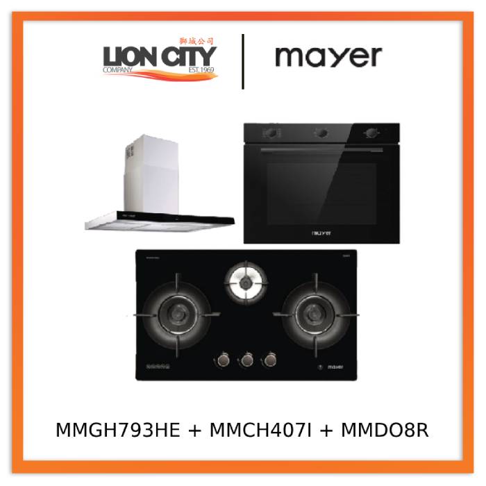 Mayer MMGH793HE 76cm 3 Burner Gas Hob + MMCH407I 90cm Chimney Hood + MMDO8R 60 cm Built-in Oven with Smoke Ventilation