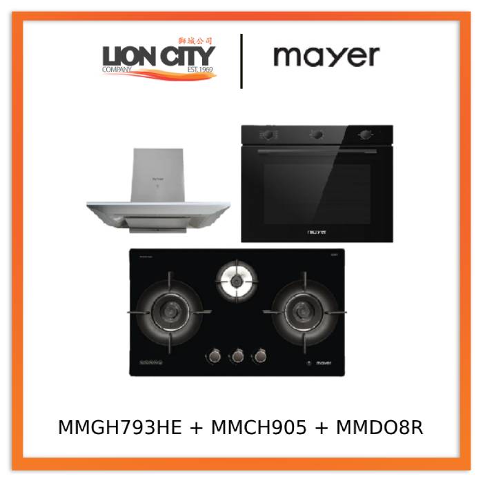 Mayer MMGH793HE 76cm 3 Burner Gas Hob + MMCH905 90cm Chimney Hood + MMDO8R 60 cm Built-in Oven with Smoke Ventilation