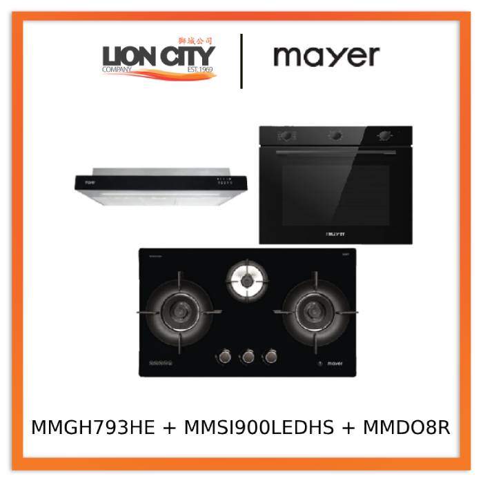 Mayer MMGH793HE 76cm 3 Burner Gas Hob + MMSI900LEDHS 90cm Semi-integrated Slimline Hood + MMDO8R 60 cm Built-in Oven with Smoke Ventilation