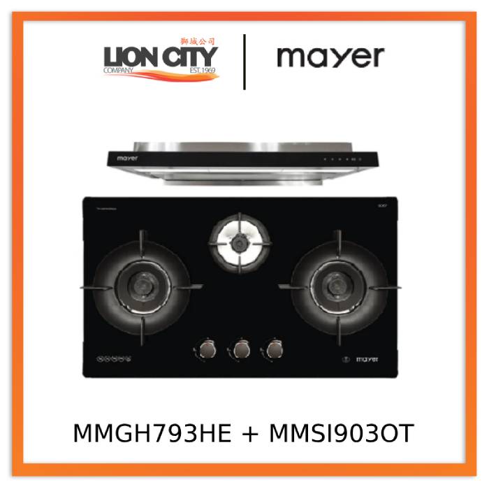 Mayer MMGH793HE 76cm 3 Burner Gas Hob + MMSI903OT Cm Semi-integrated Hood With Oil Tray