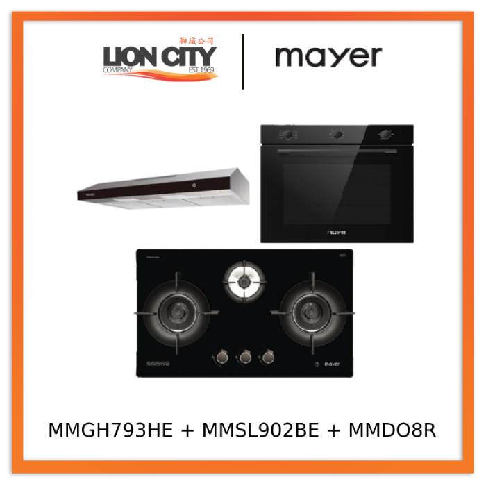 Mayer MMGH793HE 76cm 3 Burner Gas Hob + MMSL902BE  90cm Slimline Hood + MMDO8R 60 cm Built-in Oven with Smoke Ventilation