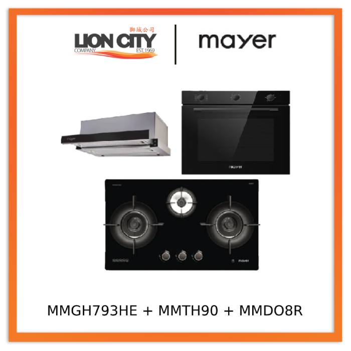 Mayer MMGH793HE 76cm 3 Burner Gas Hob + MMTH90 Telescopic Hood + MMDO8R 60 cm Built-in Oven with Smoke Ventilation