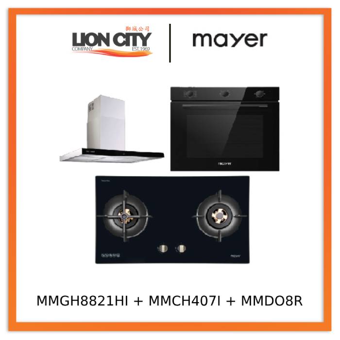 Mayer MMGH8821HI 86cm 2 Burner Glass Gas Hob + MMCH407I 90cm Chimney Hood + MMDO8R 60 cm Built-in Oven with Smoke Ventilation