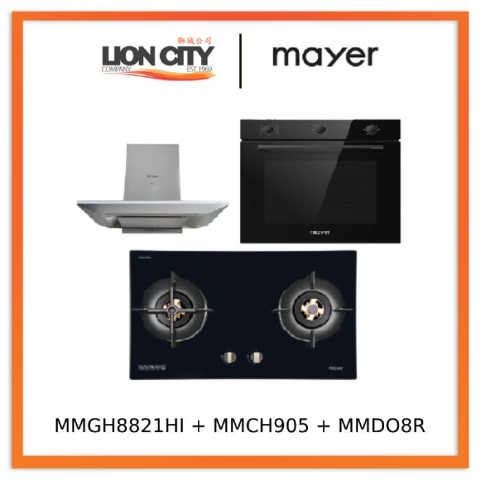 Mayer MMGH8821HI 86cm 2 Burner Glass Gas Hob + MMCH905 90cm Chimney Hood + MMDO8R 60 cm Built-in Oven with Smoke Ventilation