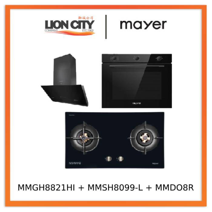 Mayer MMGH8821HI 86cm 2 Burner Glass Gas Hob + MMSH8099-L Angled Chimney Hood + MMDO8R 60 cm Built-in Oven with Smoke Ventilation